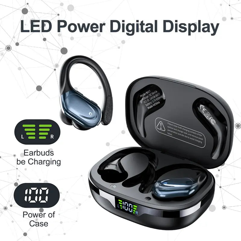 New Wireless Earbuds for Gym Running, Wireless Earphones with Deep Bass, Headphones with Earhooks, HiFi Stereo Sports Earbuds with Built-in Mic ENC Noise Cancelling Headset